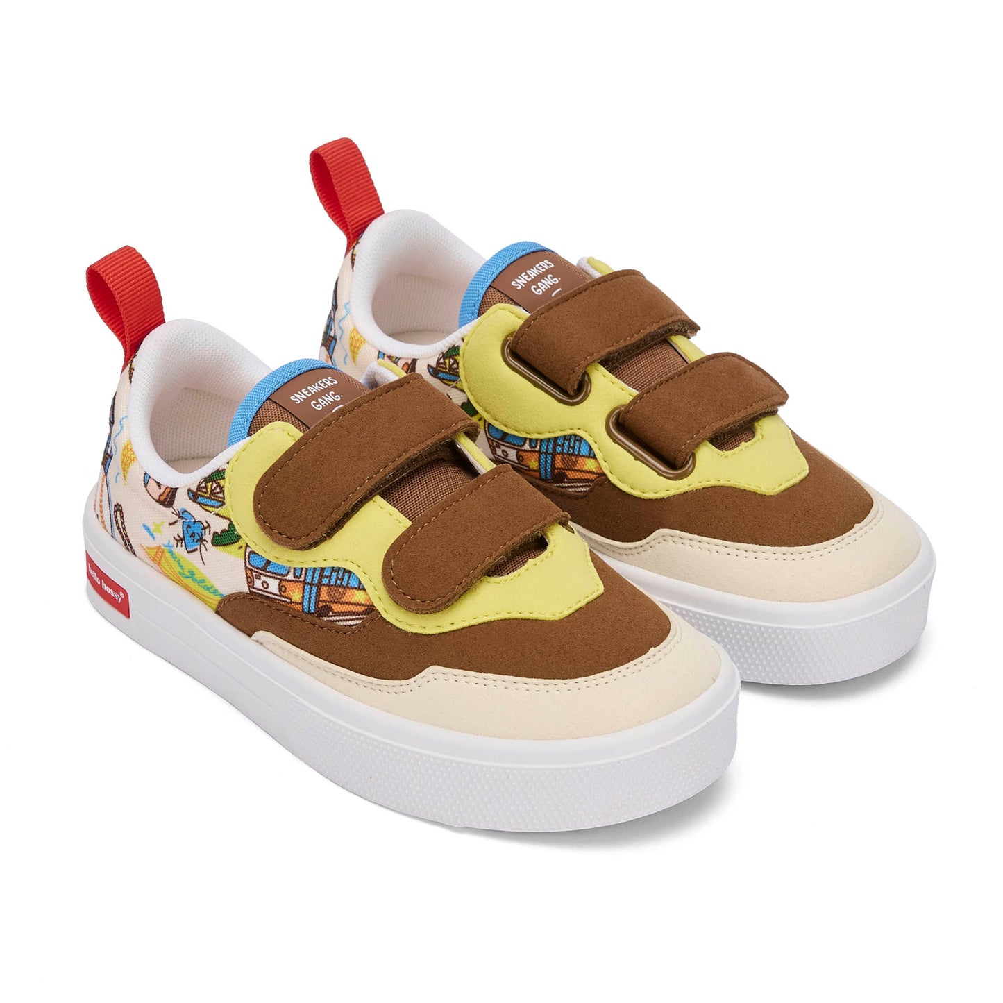 Kinder-Sneakers Cremeweiß Braun Gelb USA-Aufdruck Klettverschluss weiße Sohle Hello Hossy