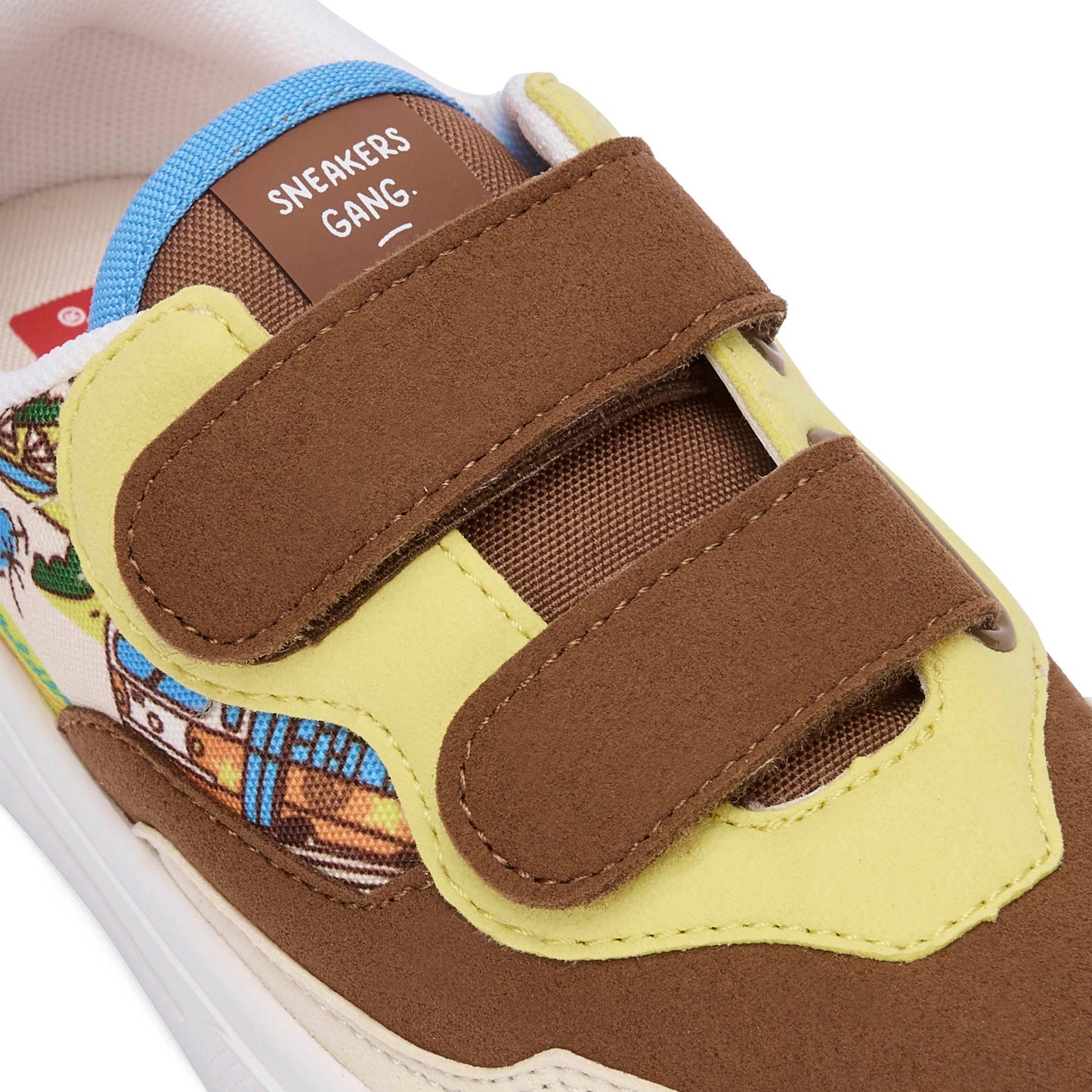 Kindersneakers Cremeweiß Braun Reise-Muster Doppelklettverschluss Hello Hossy
