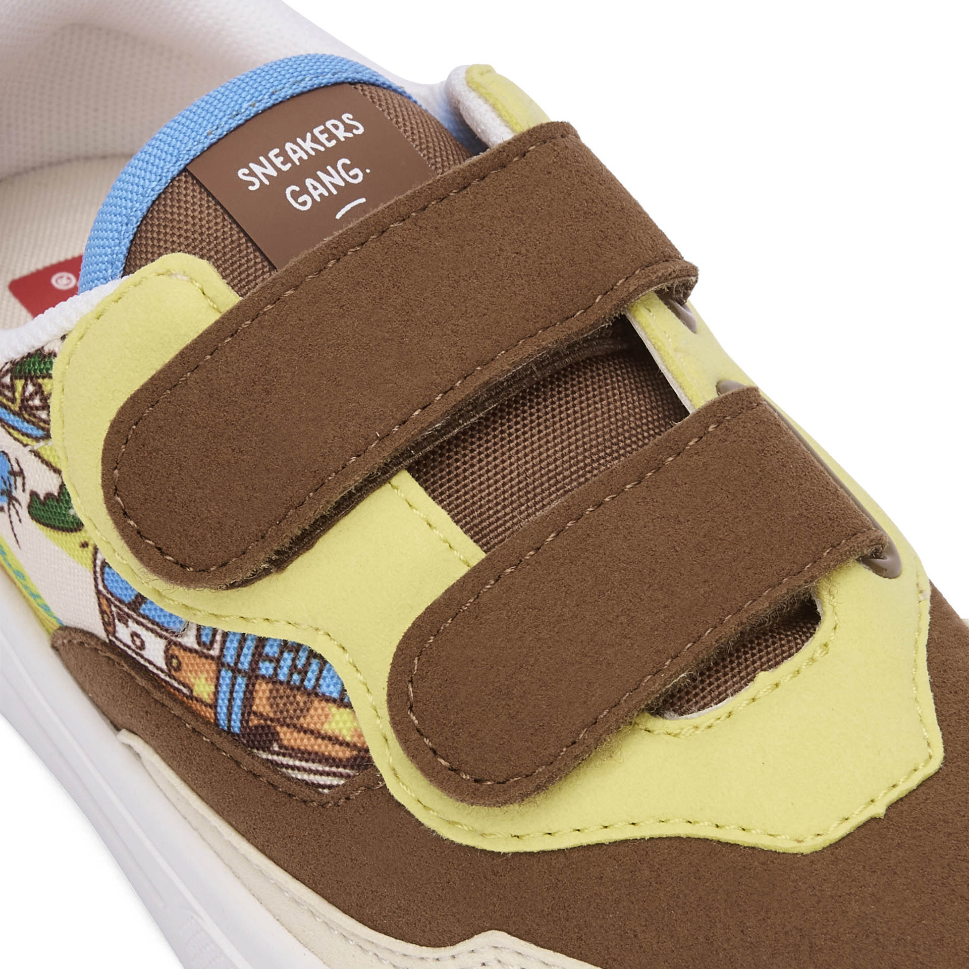 Kindersneakers Cremeweiß Braun Reise-Muster Doppelklettverschluss Hello Hossy