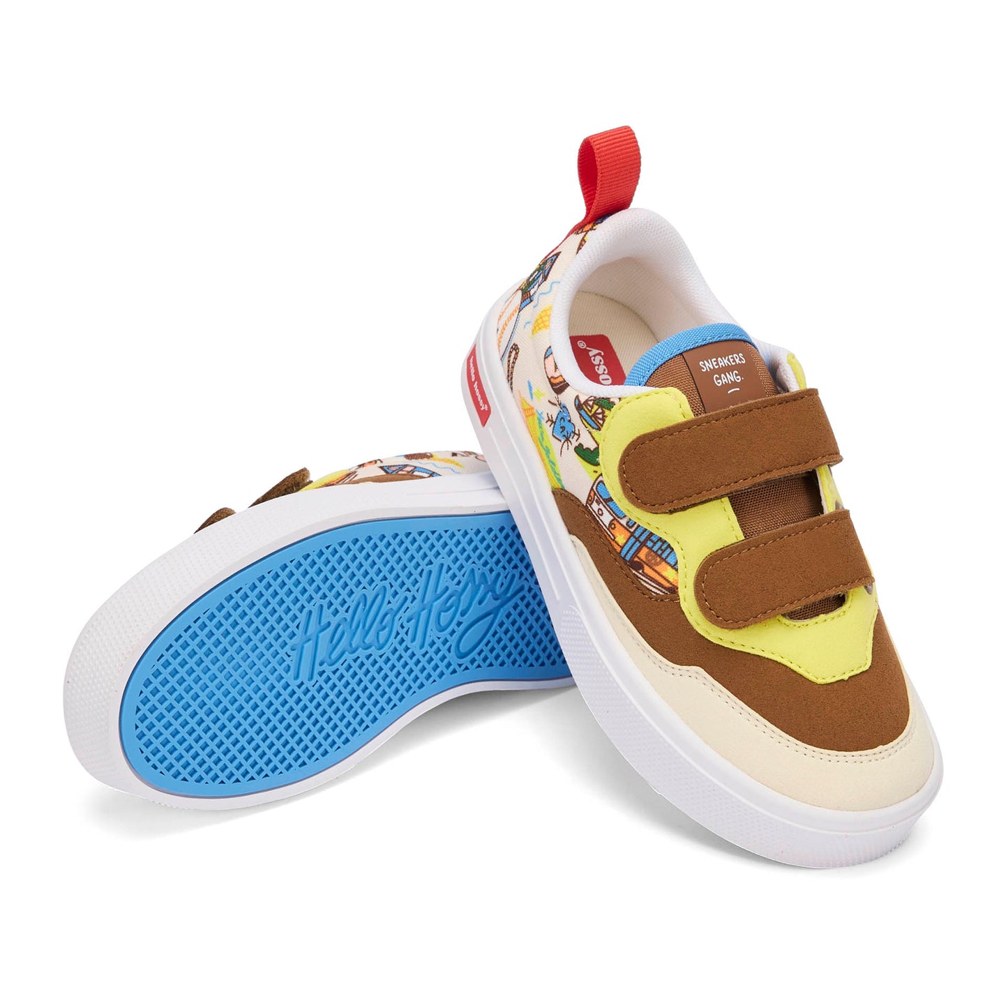 Kinder-Sneakers Cremeweiß Braun Gelb Reise-Aufdruck doppelter Klettverschluss Hello Hossy