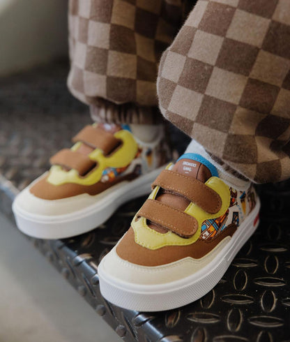 Kinder-Sneakers Cremeweiß Braun Reise-Aufdruck Klettverschluss Hello Hossy