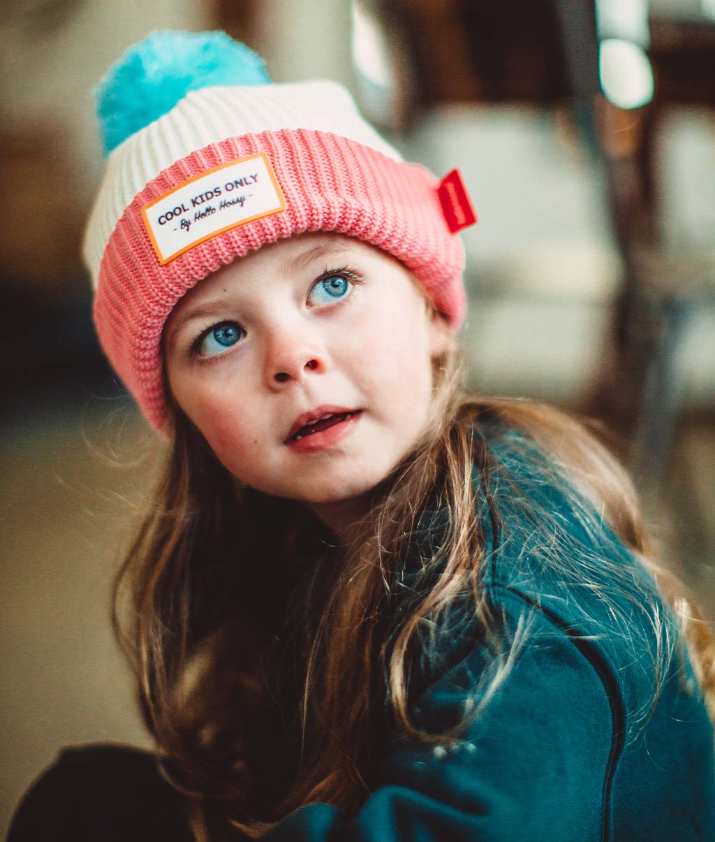 Bonnet Enfants Color Block Pink Ice, avec pompon, doublure polaire, coton biologique, dès 9 mois, Cool Kids Only !