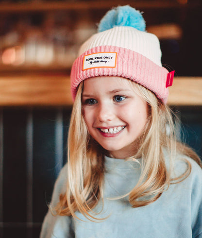 Bonnet Enfants Color Block Pink Ice, avec pompon, doublure polaire, coton biologique, dès 9 mois, Cool Kids Only !