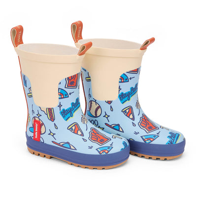 Kinder-Gummistiefel Blau mit Sport-Aufdrucken – baseball, Pizza Hello Hossy