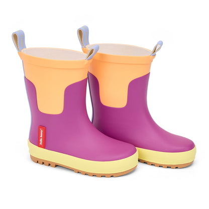 Kinder-Gummistiefel Violett Orange mit gelber Sohle Hello Hossy
