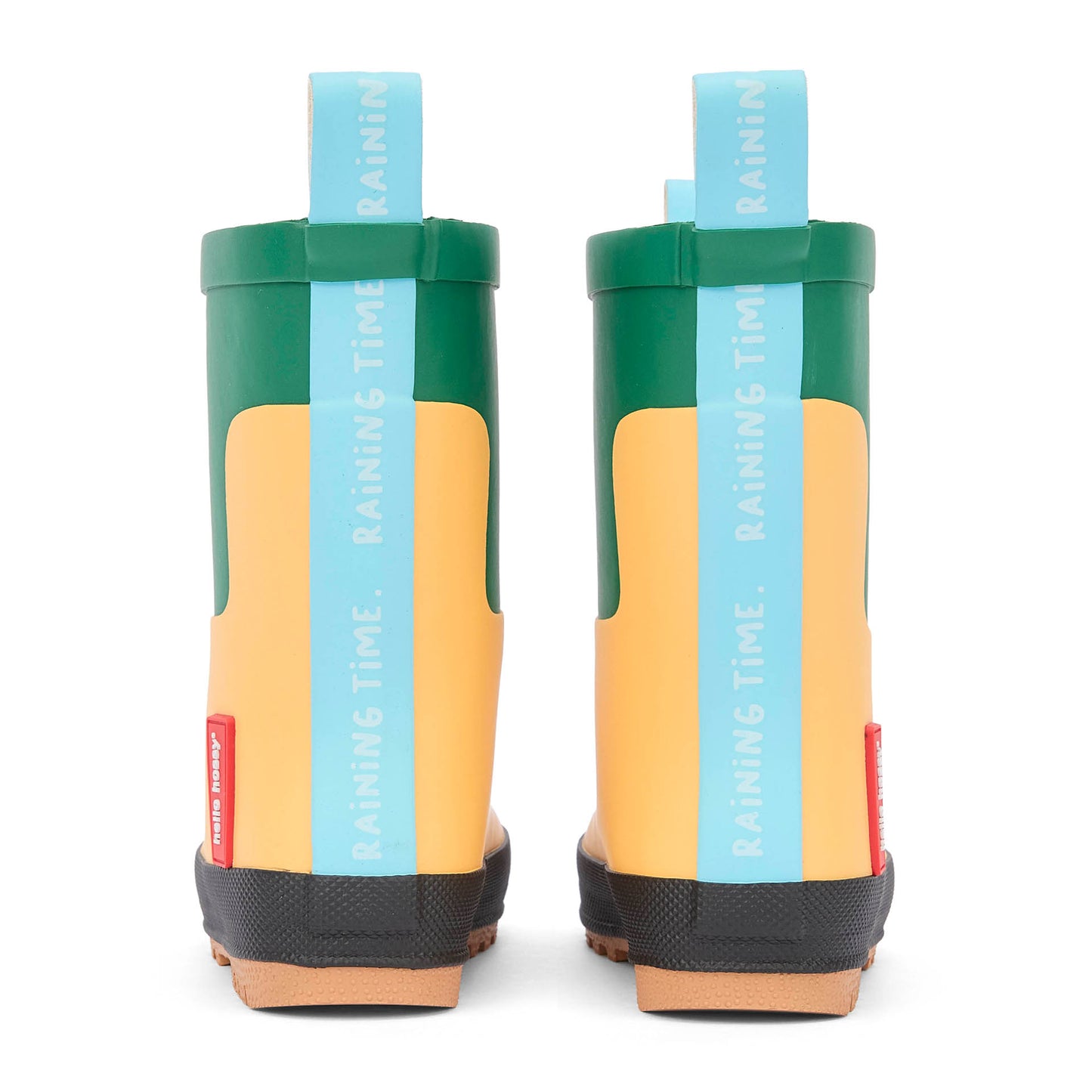 Kinder-Gummistiefel gelb grün blauer Zuglasche mit Aufschrift Hello Hossy
