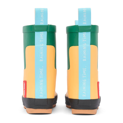 Kinder-Gummistiefel gelb grün blauer Zuglasche mit Aufschrift Hello Hossy