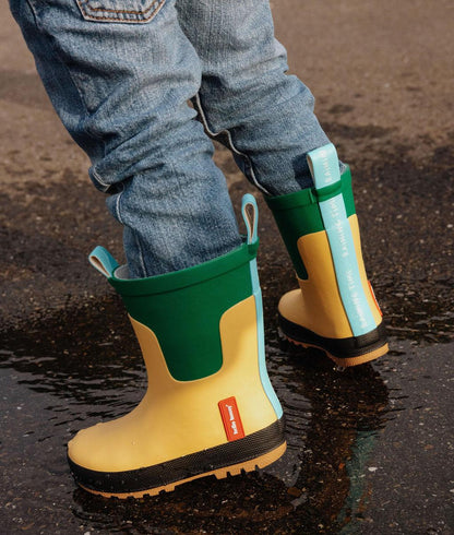 Kinder-Gummistiefel gelb grün schwarze Sohle Hello Hossy