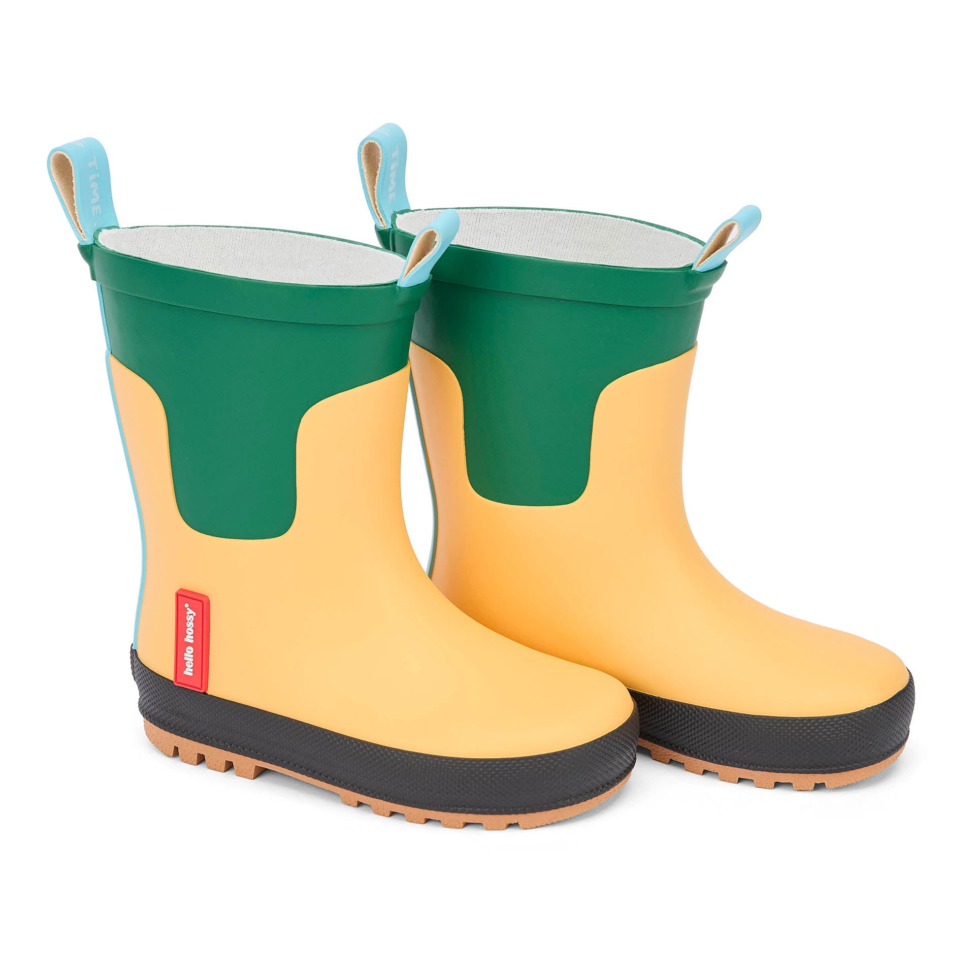 Kinder-Gummistiefel gelb grün schwarze Sohle blauer Zuglasche Hello Hossy