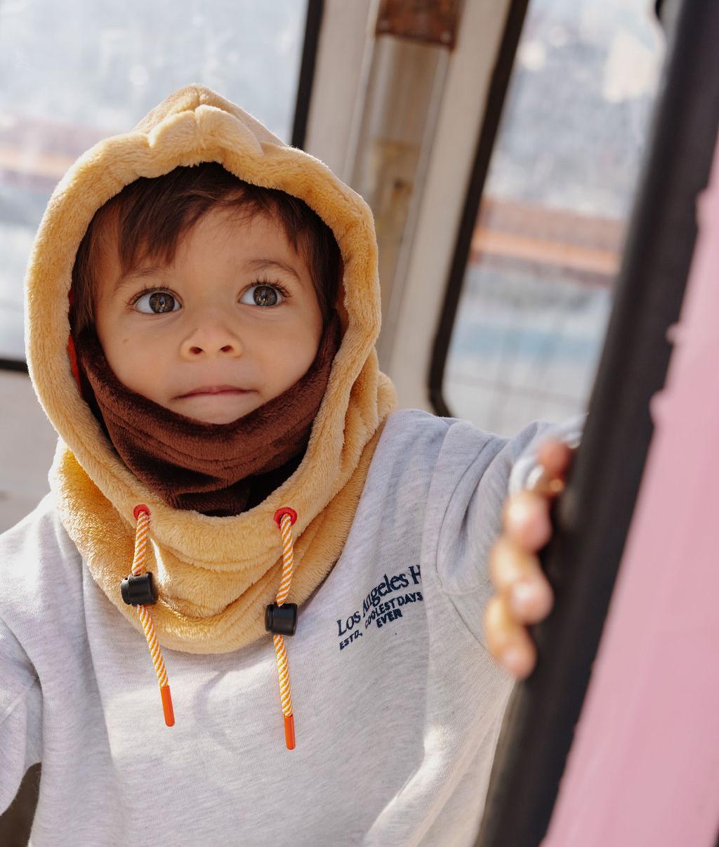 Zweifarbige Kinder-Sturmhaube in Beige und Braun aus Fleece mit verstellbaren Bändern Hello Hossy
