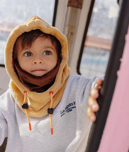 Zweifarbige Kinder-Sturmhaube in Beige und Braun aus Fleece mit verstellbaren Bändern Hello Hossy