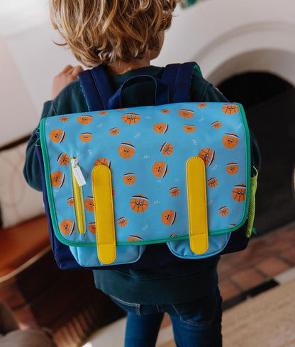 Cartable enfant bleu motif sport ballons orange Hello Hossy
