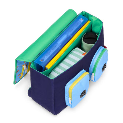 Cartable enfant bleu orange motif sport compartiments multiples Hello Hossy
