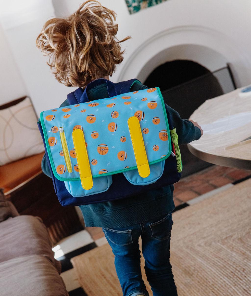 Cartable enfant bleu orange motif sport détails jaunes Hello Hossy