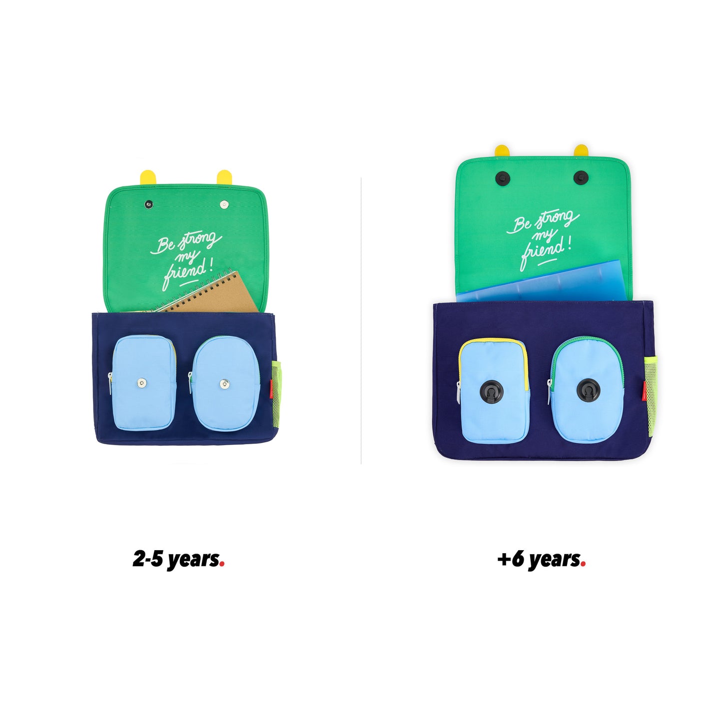 Blaue Kinder-Schultasche mit Sport-Motiv, Orange Bälle, Frontansicht offen, Größenvergleich 2 Größen Hello Hossy