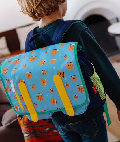 Cartable enfant bleu motif sport orange détails jaunes Hello Hossy