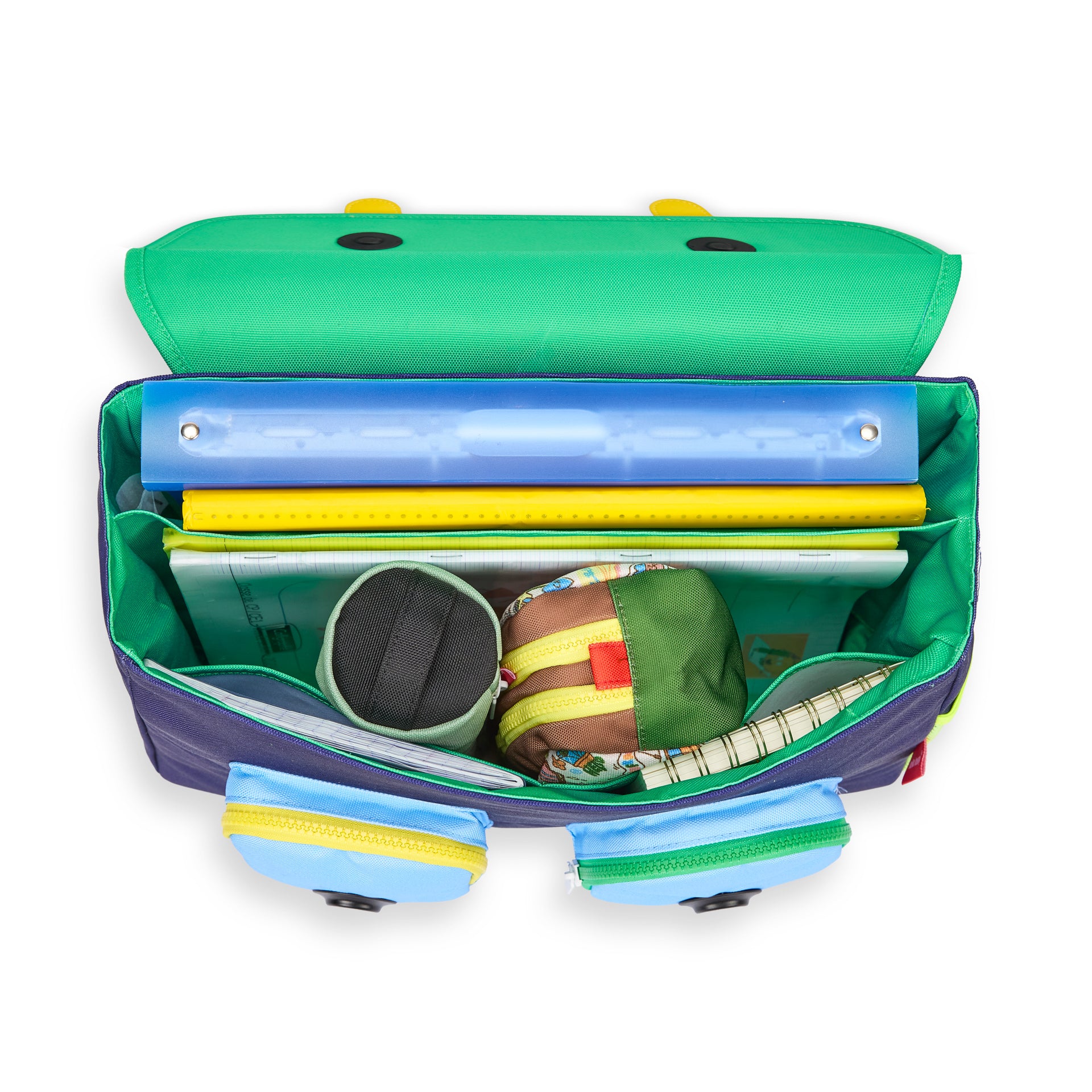 Cartable enfant bleu et orange motif sport compartiments multiples Hello Hossy