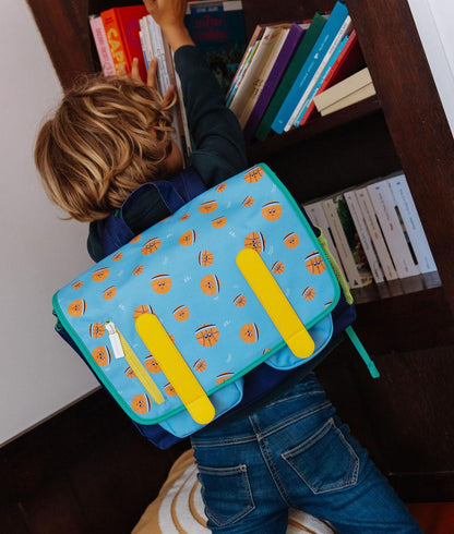 Cartable enfant bleu imprimé basketball touches orange Hello Hossy