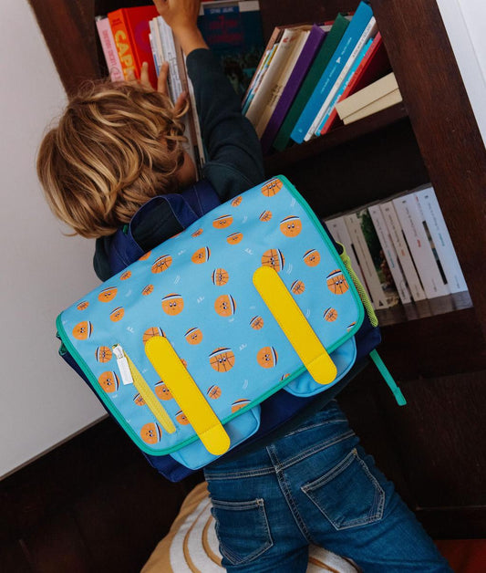 Cartable enfant bleu imprimé basketball touches orange Hello Hossy