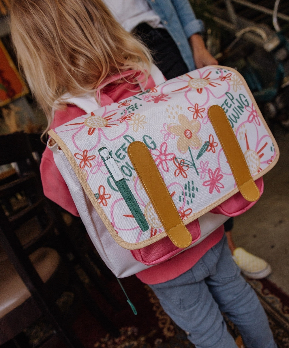 Schultasche Kind weiß rosa Blumenmuster mit gelben Details Hello Hossy