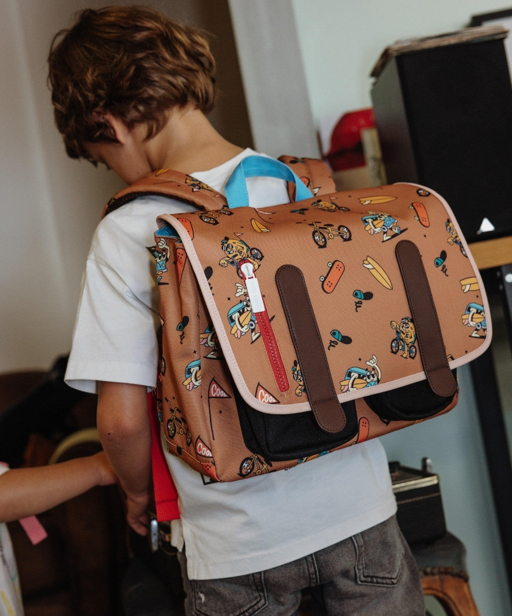 Schultasche Kind braun mascots-fahrrad-Aufdrucke braune Gurte Hello Hossy