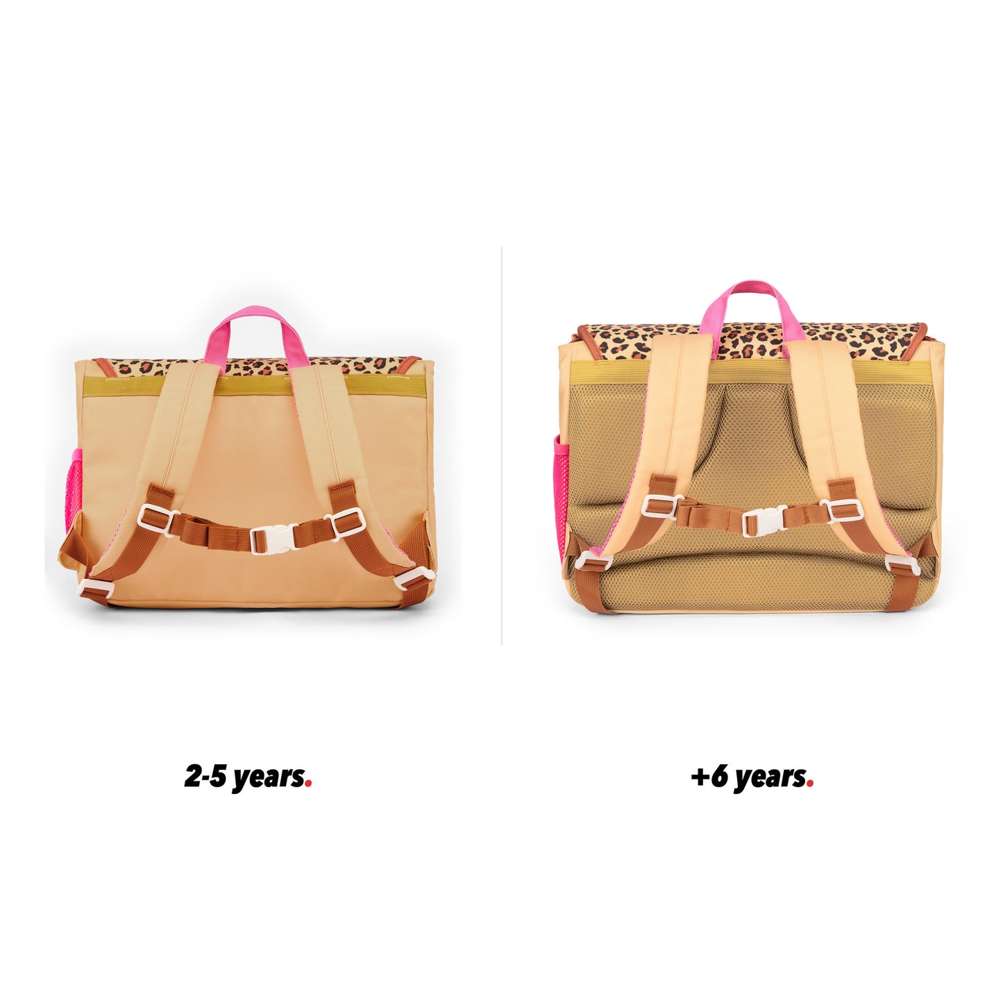 Schultasche Kind cremeweiß léopard Muster Taschen Rückenansicht Größenvergleich 2 Größen Hello Hossy