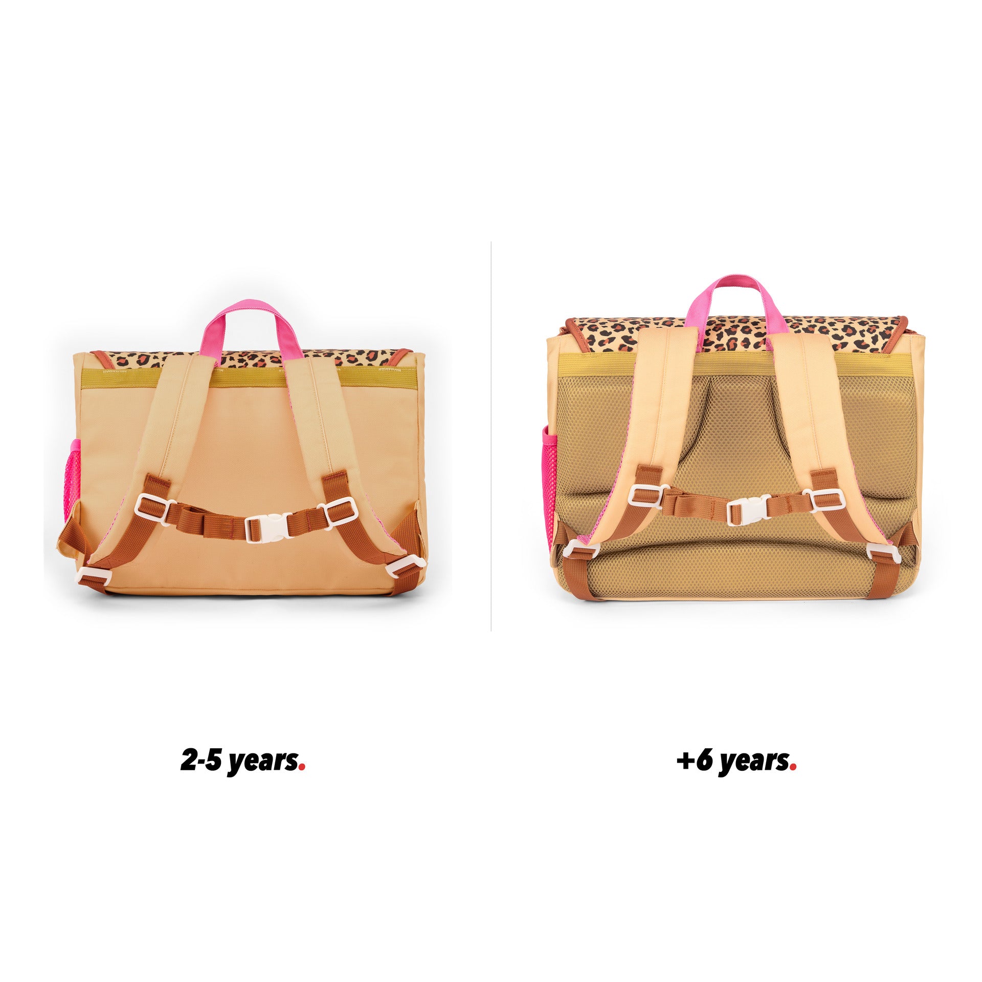 Schultasche Kind cremeweiß léopard Muster Taschen Rückenansicht Größenvergleich 2 Größen Hello Hossy
