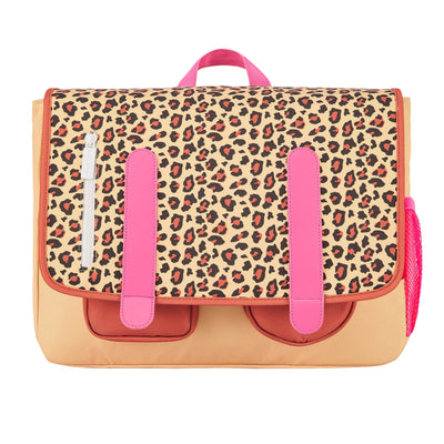 Cartable enfant crème marron motif léopard sangles roses Hello Hossy