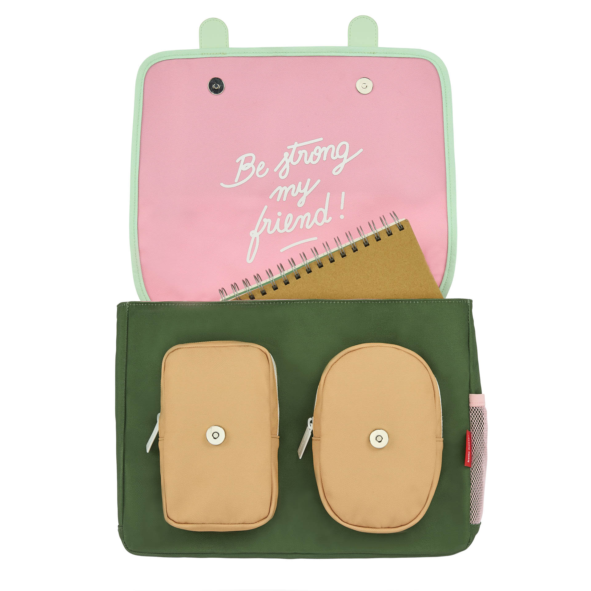 Cartable enfant vert poches beige intérieur rose message blanc Hello Hossy