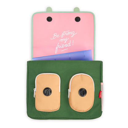 Cartable enfant vert avec poches beige intérieur rose message Hello Hossy