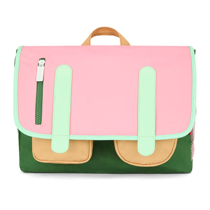 Cartable enfant rose poche beige lanières vert clair Hello Hossy