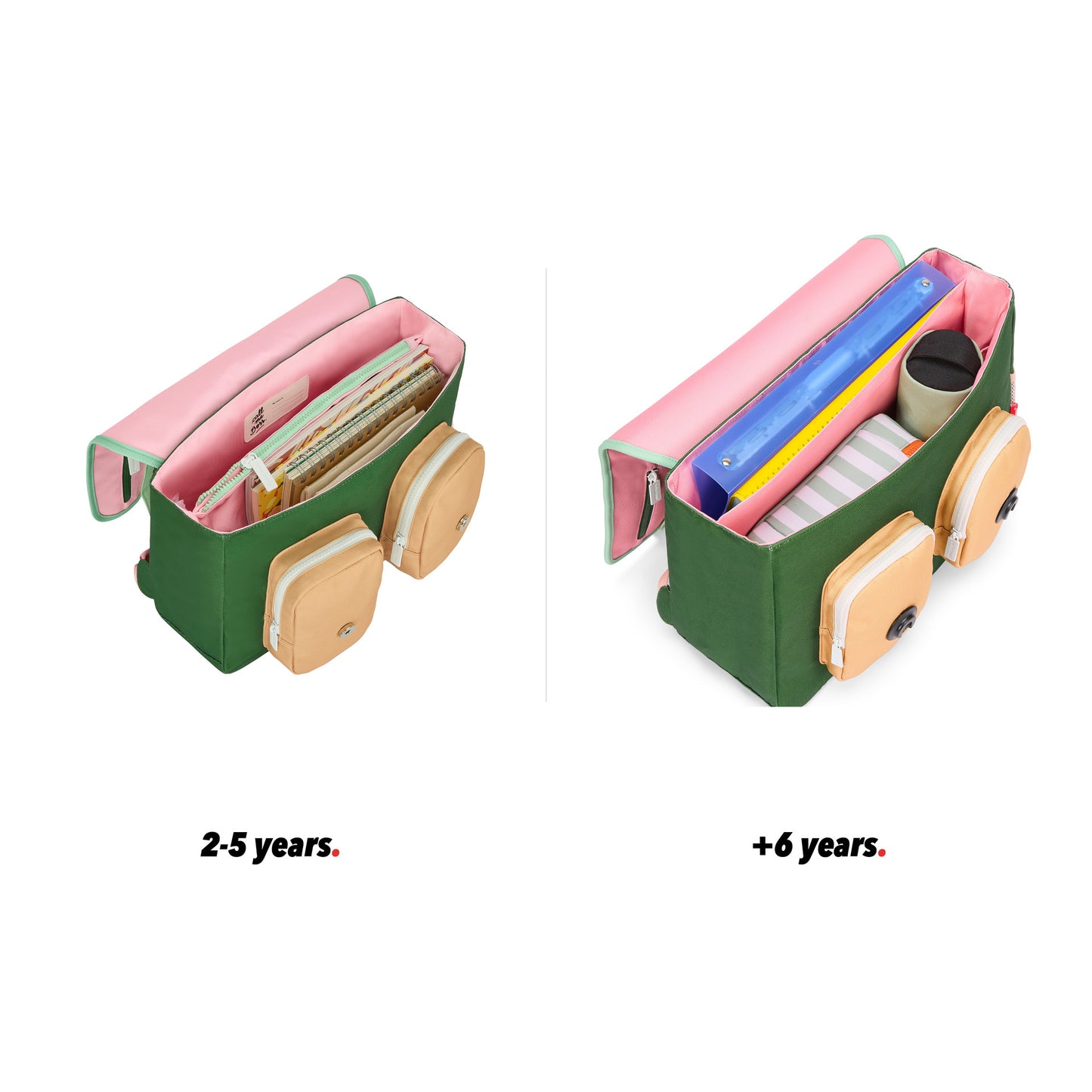 Rosa-grüne Kinder-Schultasche mit Beige-Details, Taschen, offene Ansicht, Größenvergleich 2 Größen Hello Hossy