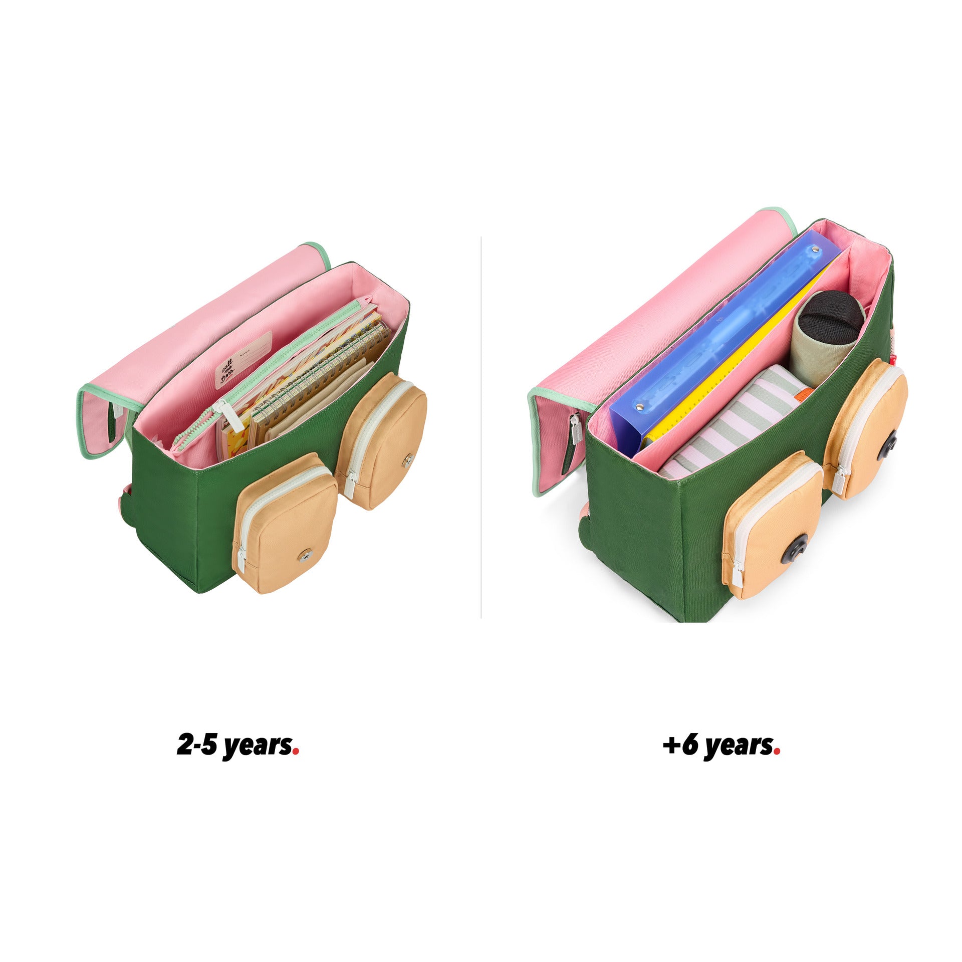 Rosa-grüne Kinder-Schultasche mit Beige-Details, Taschen, offene Ansicht, Größenvergleich 2 Größen Hello Hossy