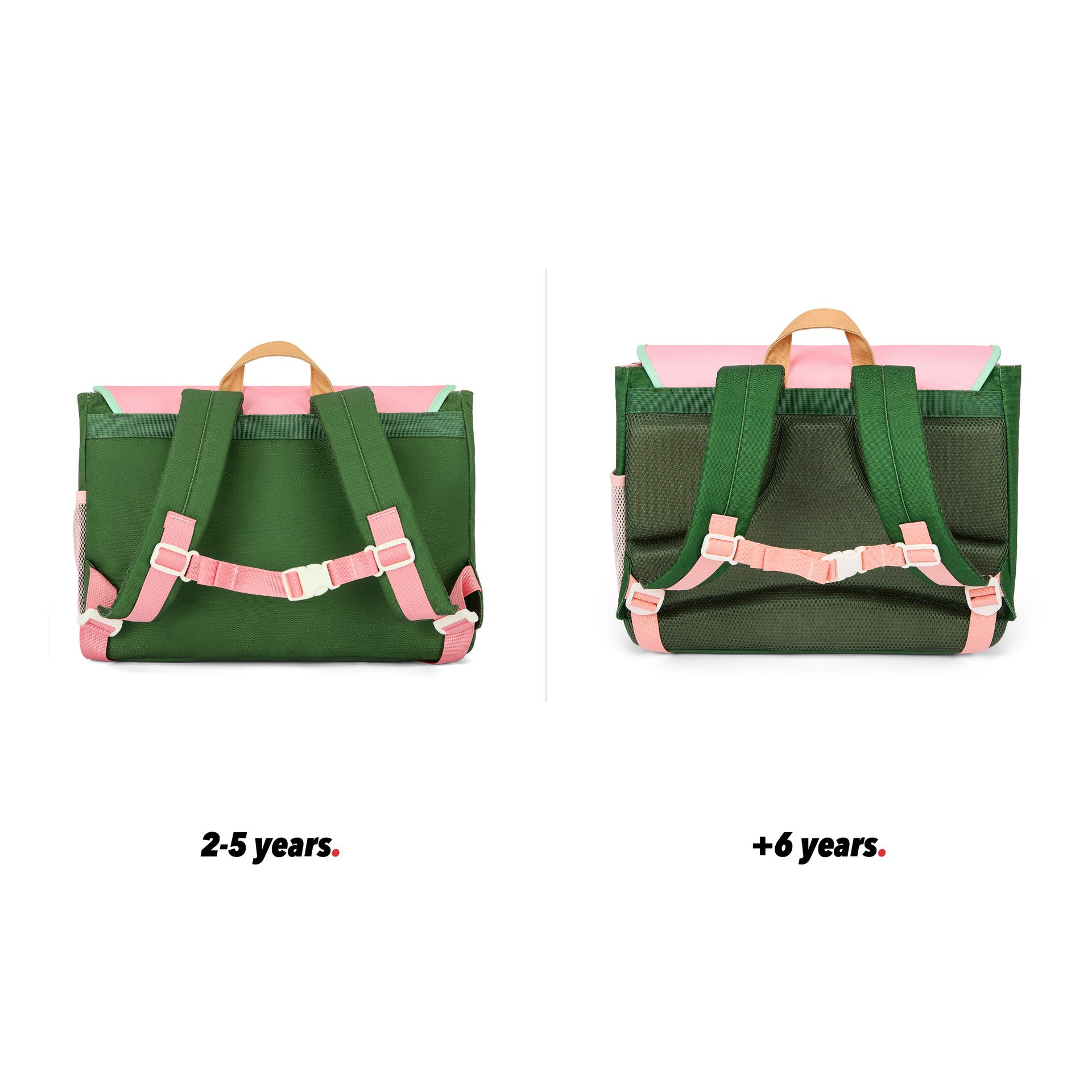 Rosa-grüne Kinder-Schultasche mit Beige-Details, Taschen, Rückenansicht, Größenvergleich 2 Größen Hello Hossy