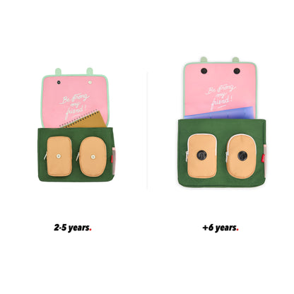 Rosa-grüne Kinder-Schultasche mit Beige-Details, Taschen, Frontansicht offen, Größenvergleich 2 Größen Hello Hossy
