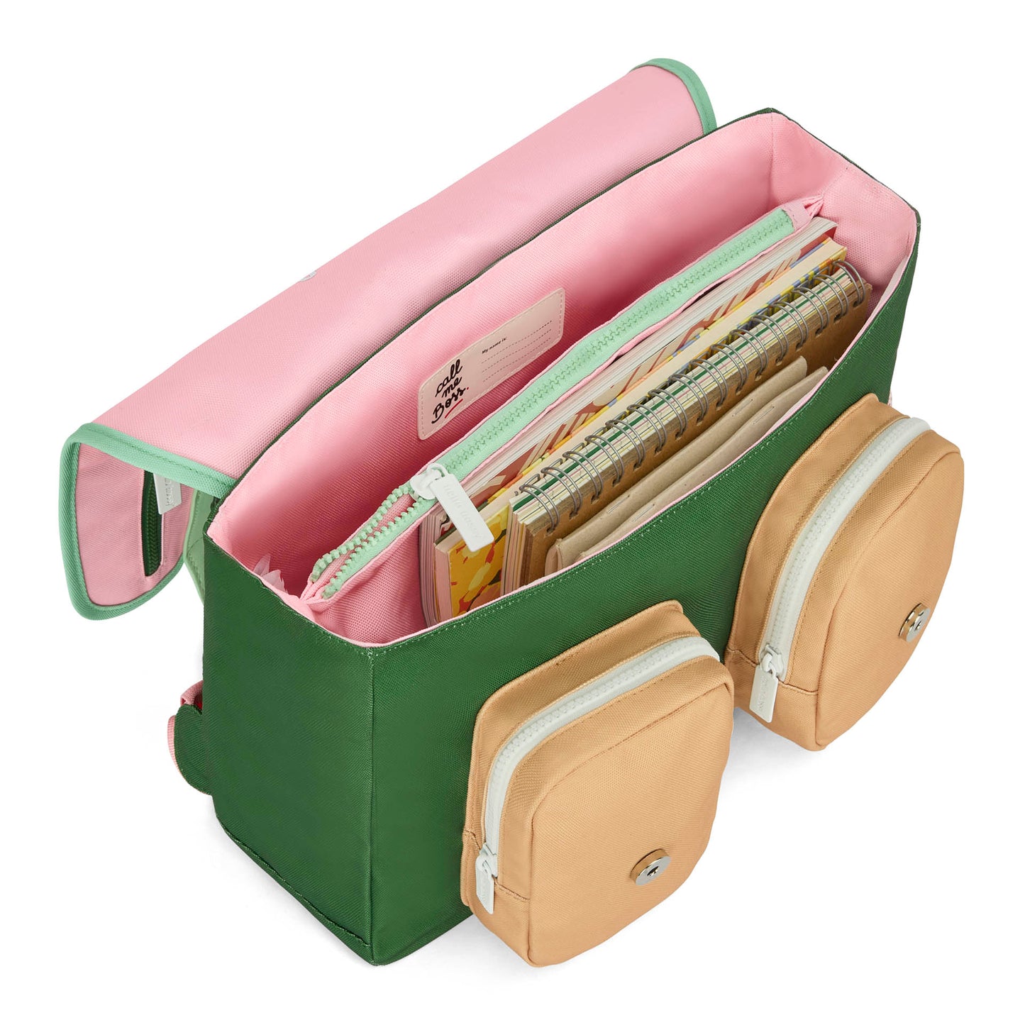 Cartable enfant vert intérieur rose poches beiges Hello Hossy