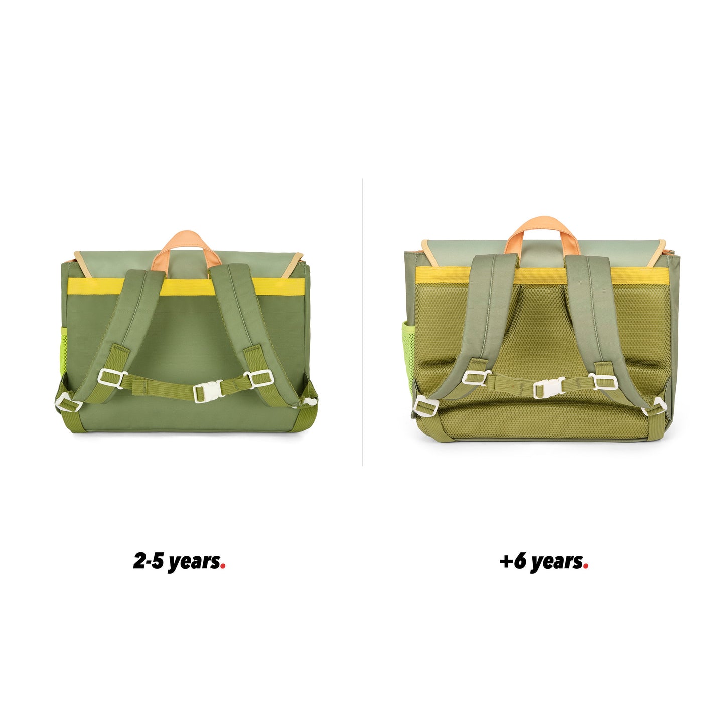 Grüne Kinder-Schultasche mit braunen Henkeln, Tasche, Rückenansicht, Größenvergleich 2 Größen Hello Hossy