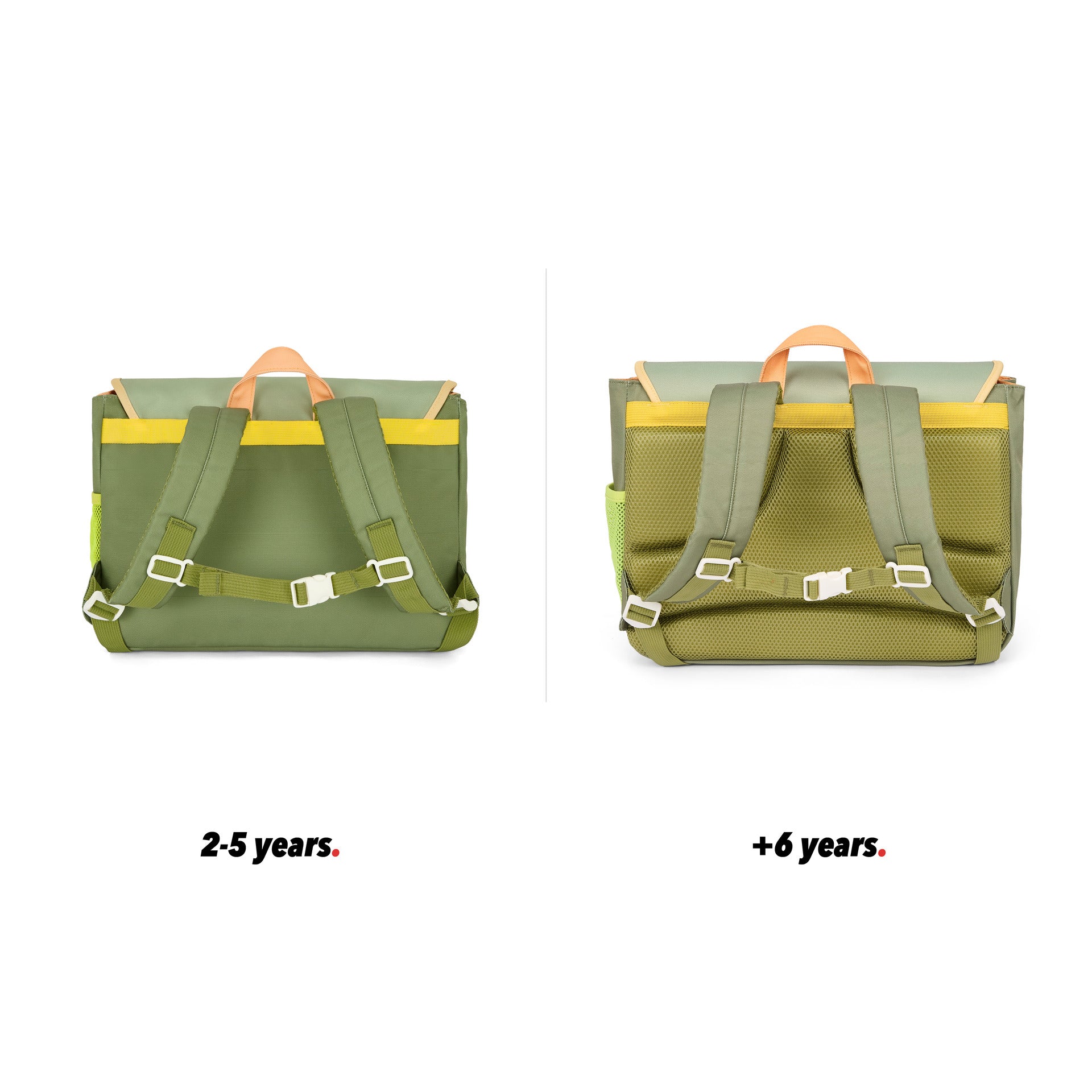 Grüne Kinder-Schultasche mit braunen Henkeln, Tasche, Rückenansicht, Größenvergleich 2 Größen Hello Hossy