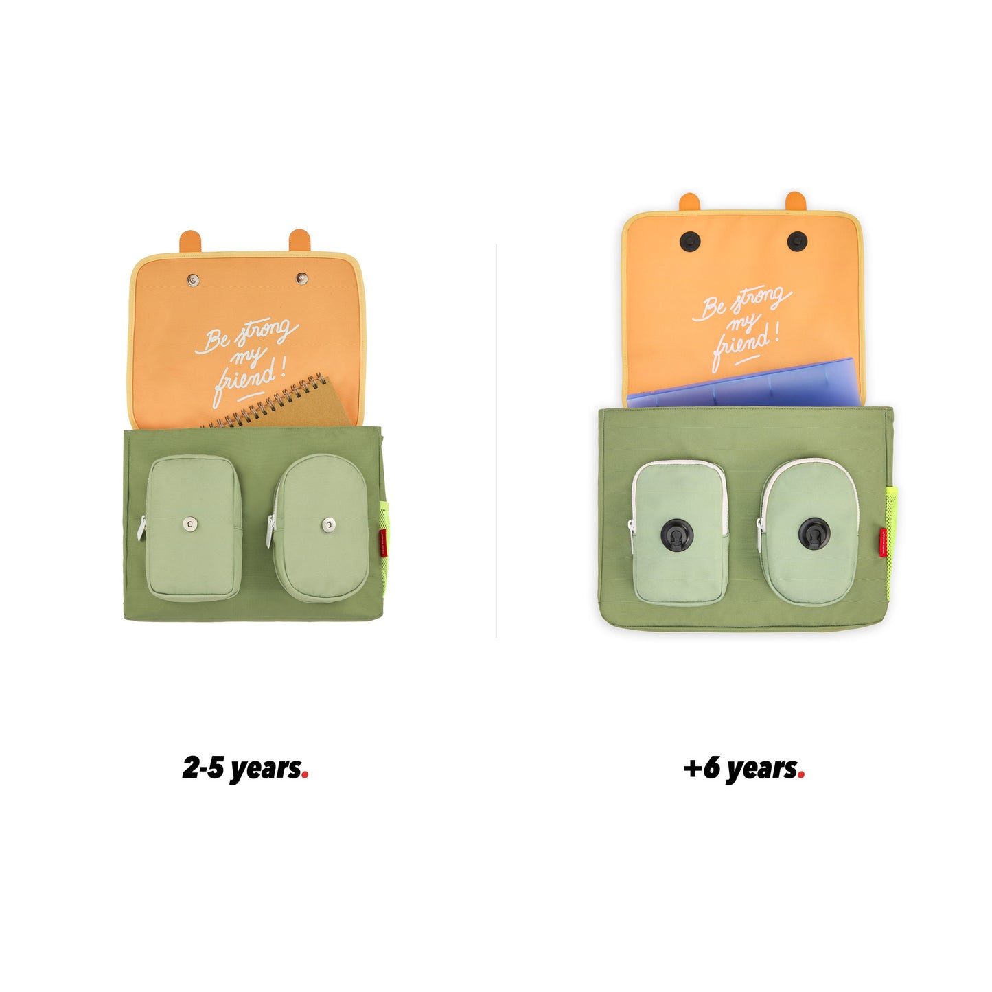 Grüne Kinder-Schultasche mit braunen Henkeln, Tasche, Frontansicht offen, Größenvergleich 2 Größen Hello Hossy