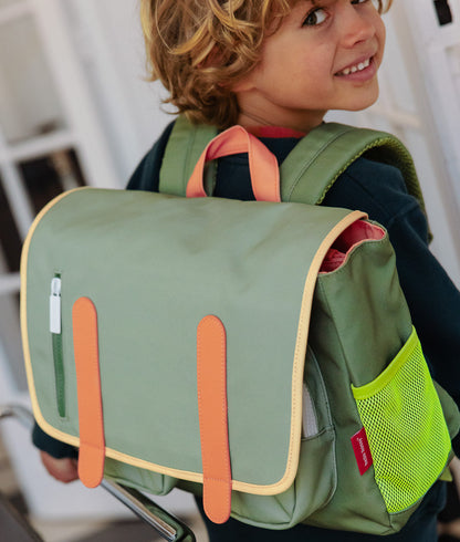 Schultasche Kind grün mit orangefarbenen Details und gelbfluoreszierender Tasche Hello Hossy