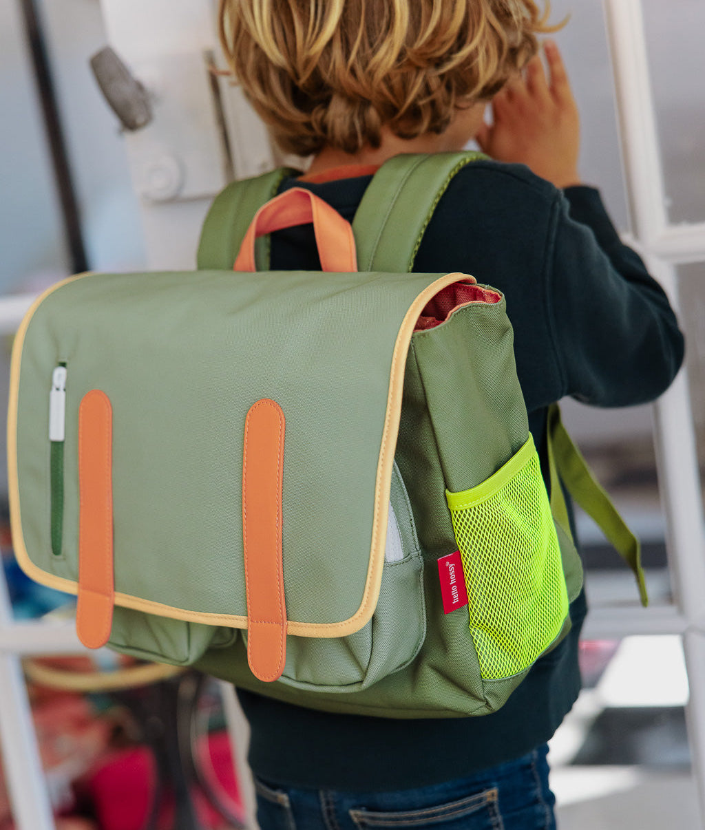 Kinder-Rucksack grün mit neongelben Netztaschen Hello Hossy