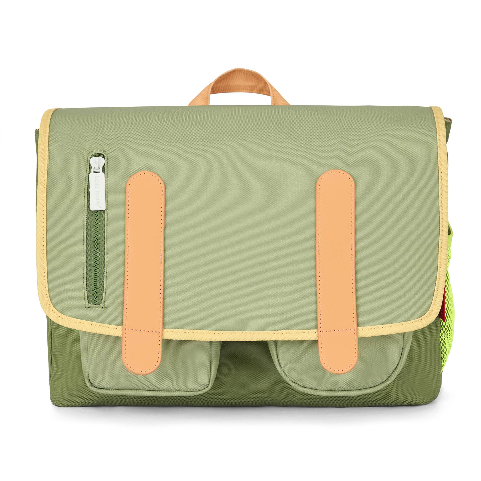 Cartable enfant vert détails beige poches avant Hello Hossy