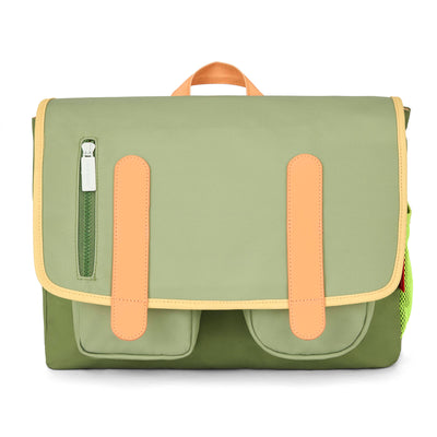 Cartable enfant vert détails beige poches avant Hello Hossy