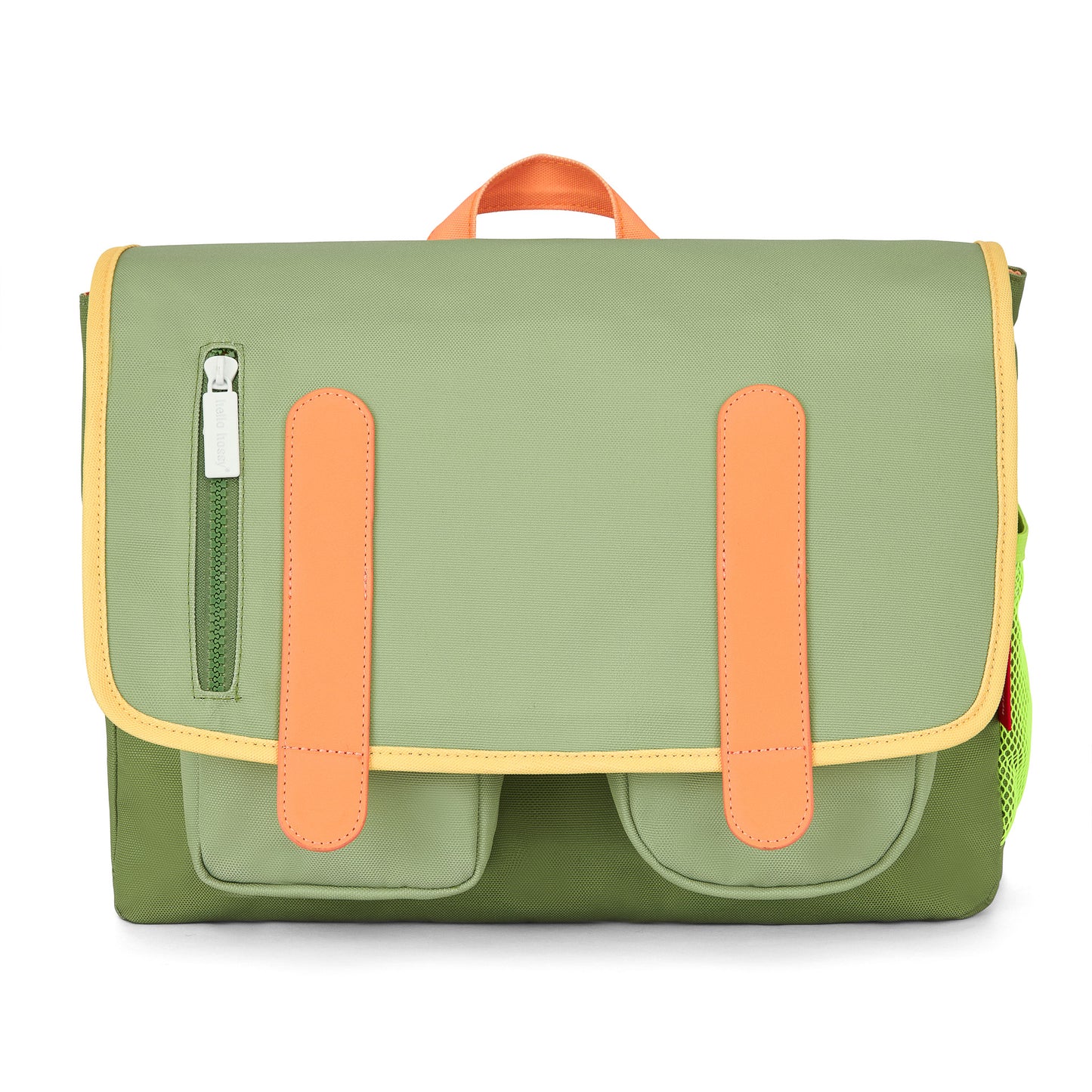 Grüne Kinderschultasche mit orangefarbenen Details und Vordertaschen Hello Hossy