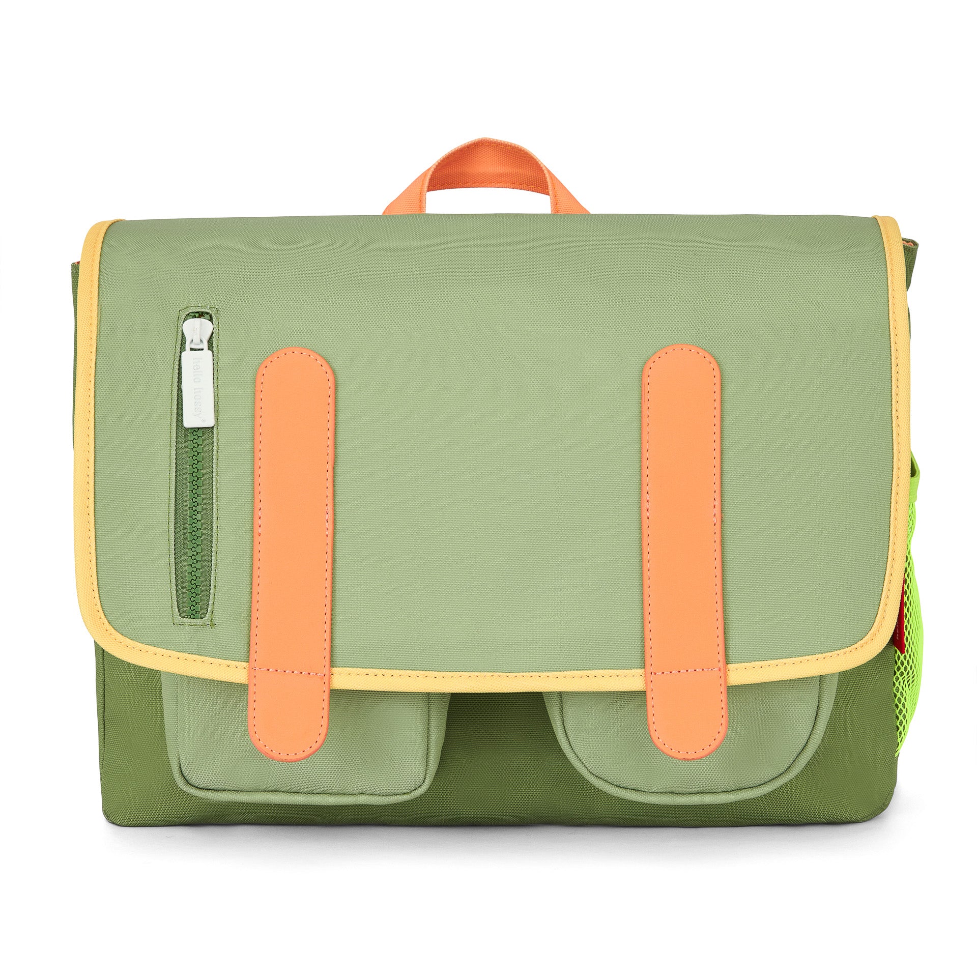Grüne Kinderschultasche mit orangefarbenen Details und Vordertaschen Hello Hossy