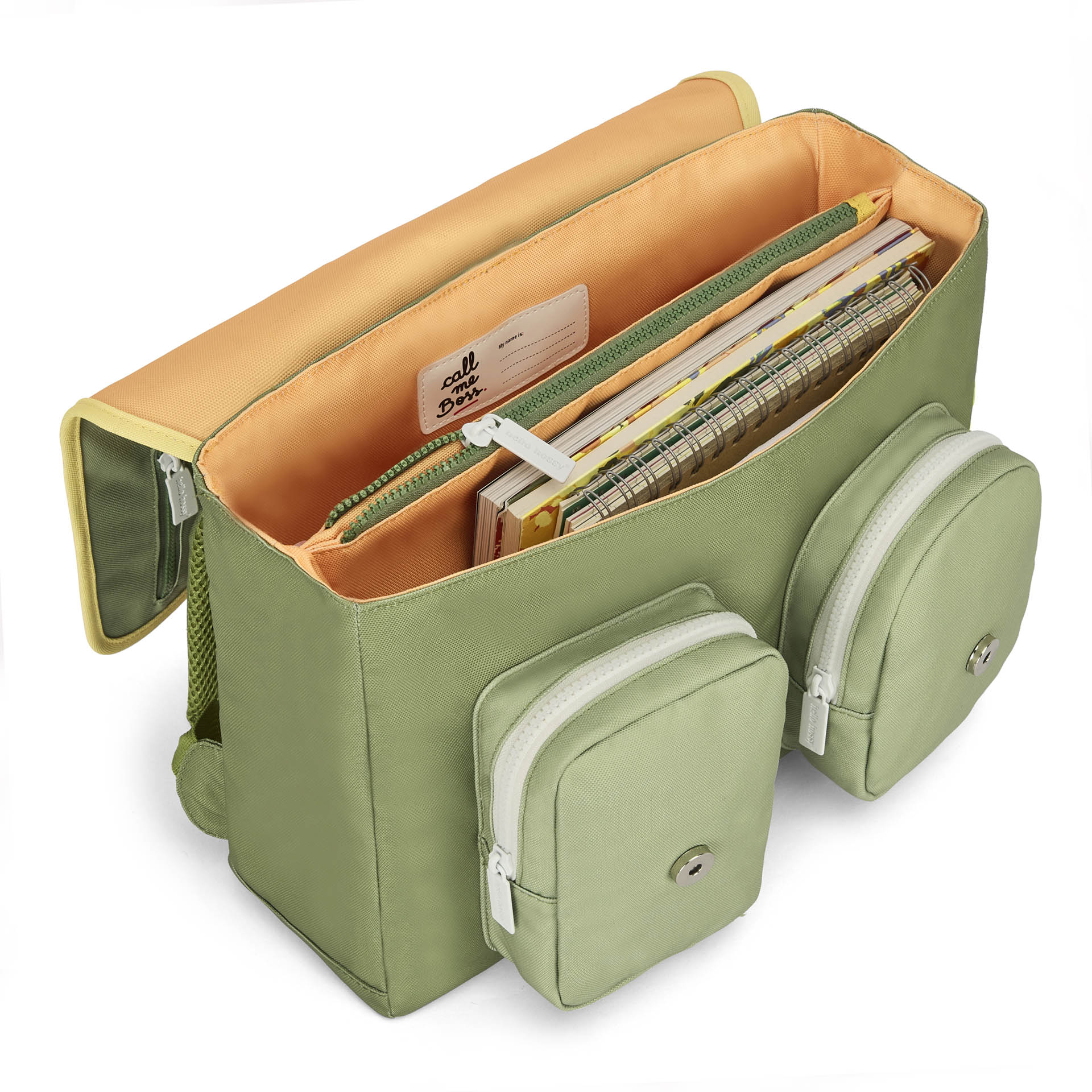 Cartable enfant vert poches avant zippées intérieur orange Hello Hossy