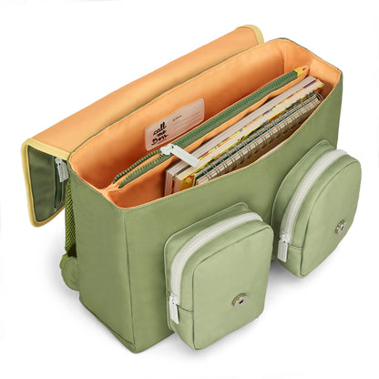 Cartable enfant vert poches avant zippées intérieur orange Hello Hossy