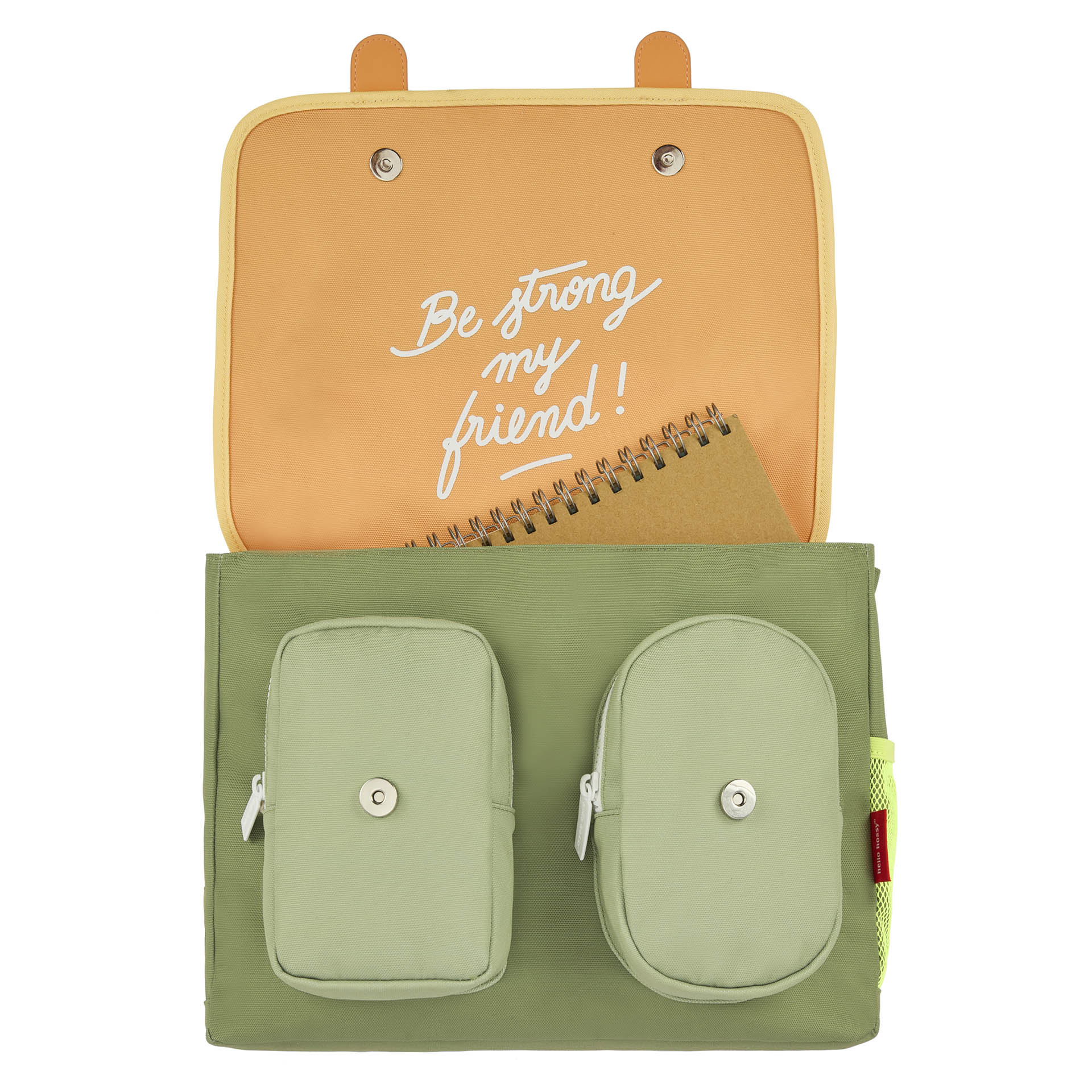 Cartable enfant vert deux poches intérieures message imprimé Hello Hossy