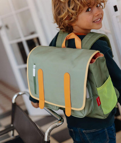 Sac à dos enfant vert avec poches filet orange Hello Hossy