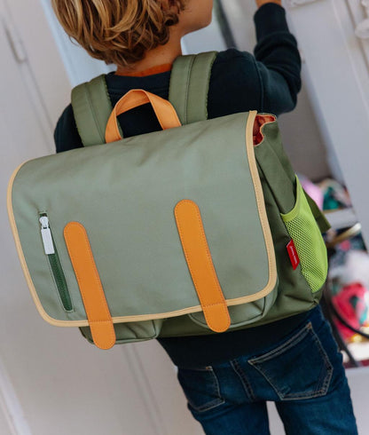 Cartable enfant vert anses marron poche zippée Hello Hossy